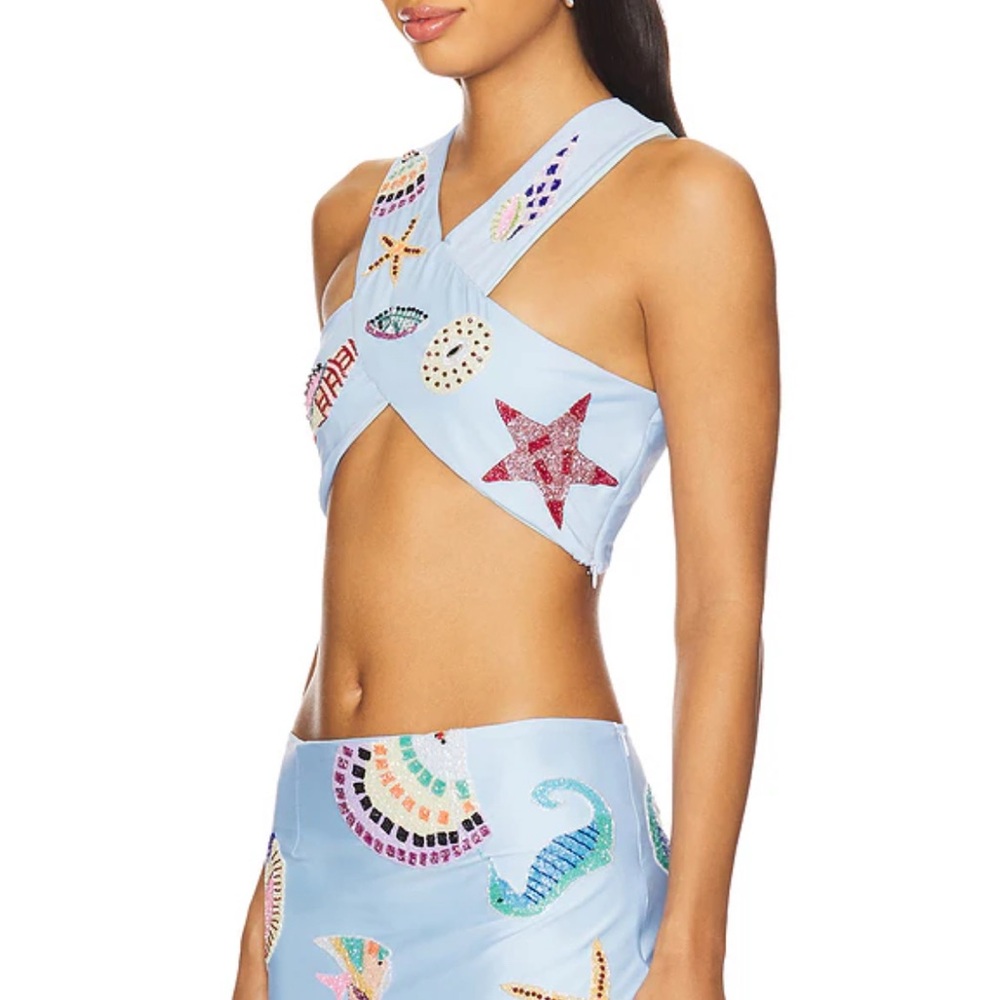 Oceanus KShell Hand Beaded Light Blue Seashell Print HalterTop and Skirt Set NWT - Picture 7 of 17
